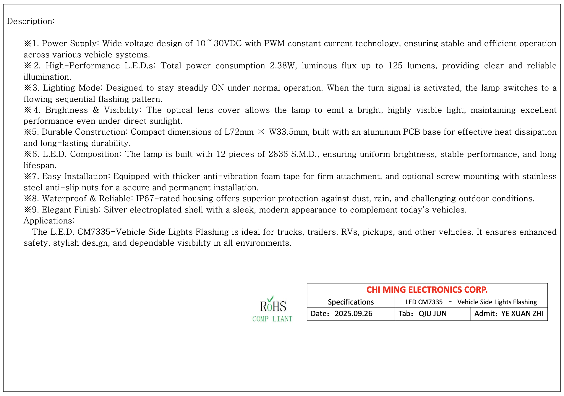 LED CM7335-Vehicle Side Marker Lights LED CM7335-Vehicle Side Marker Lights