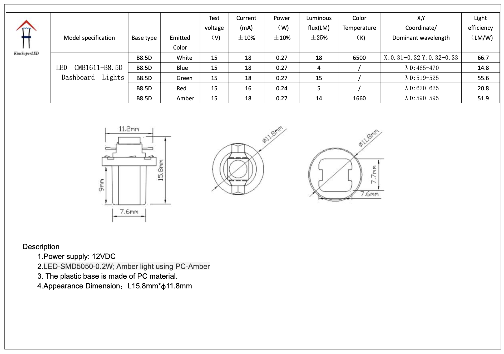 LED CMB1611-B8.5D Dashboard Lights