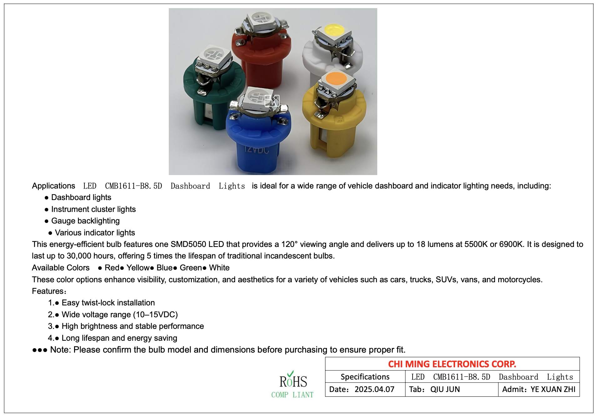 LED CMB1611-B8.5D Dashboard Lights