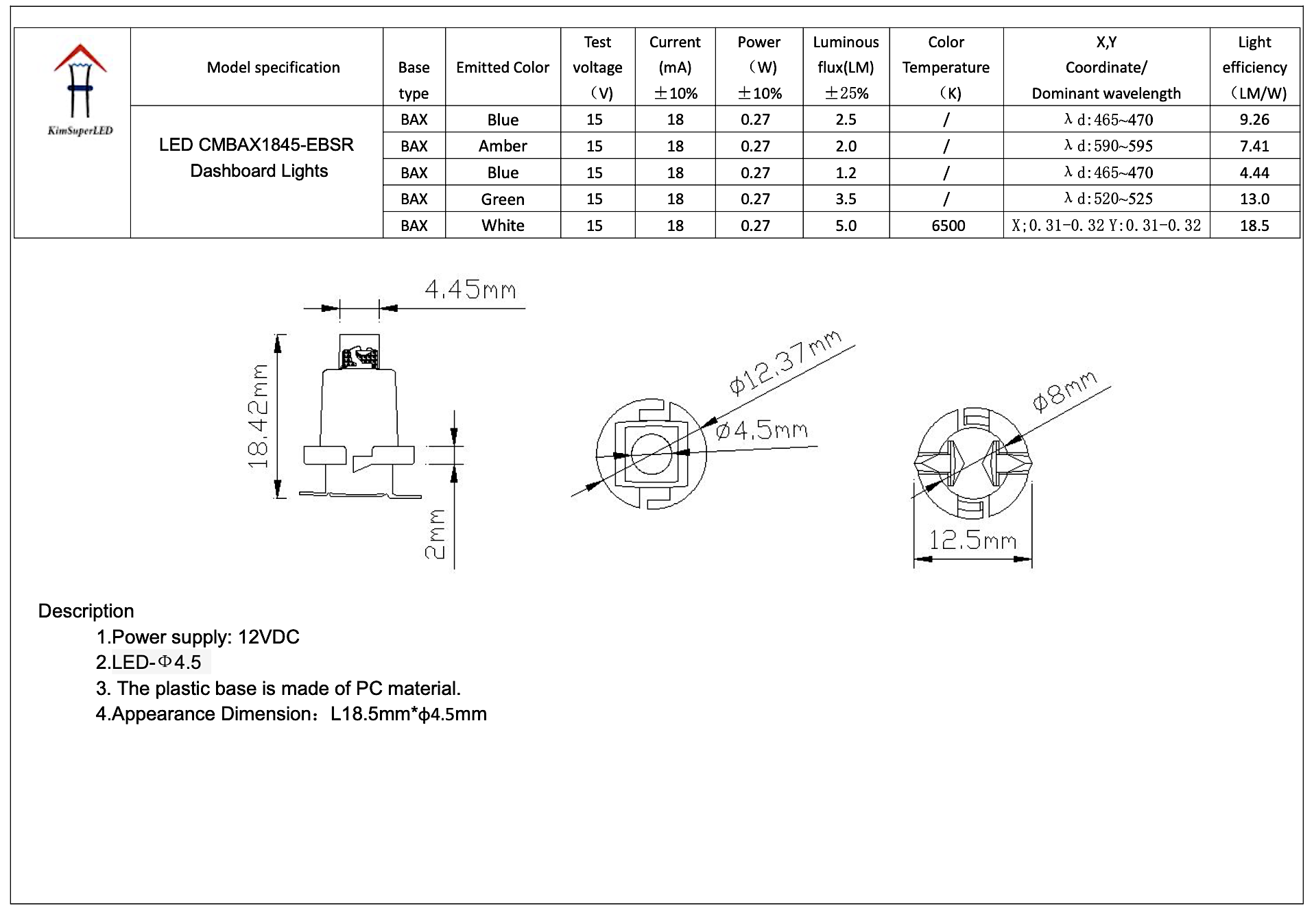 LED CMBAX1845-EBSR Dashboard Lights
