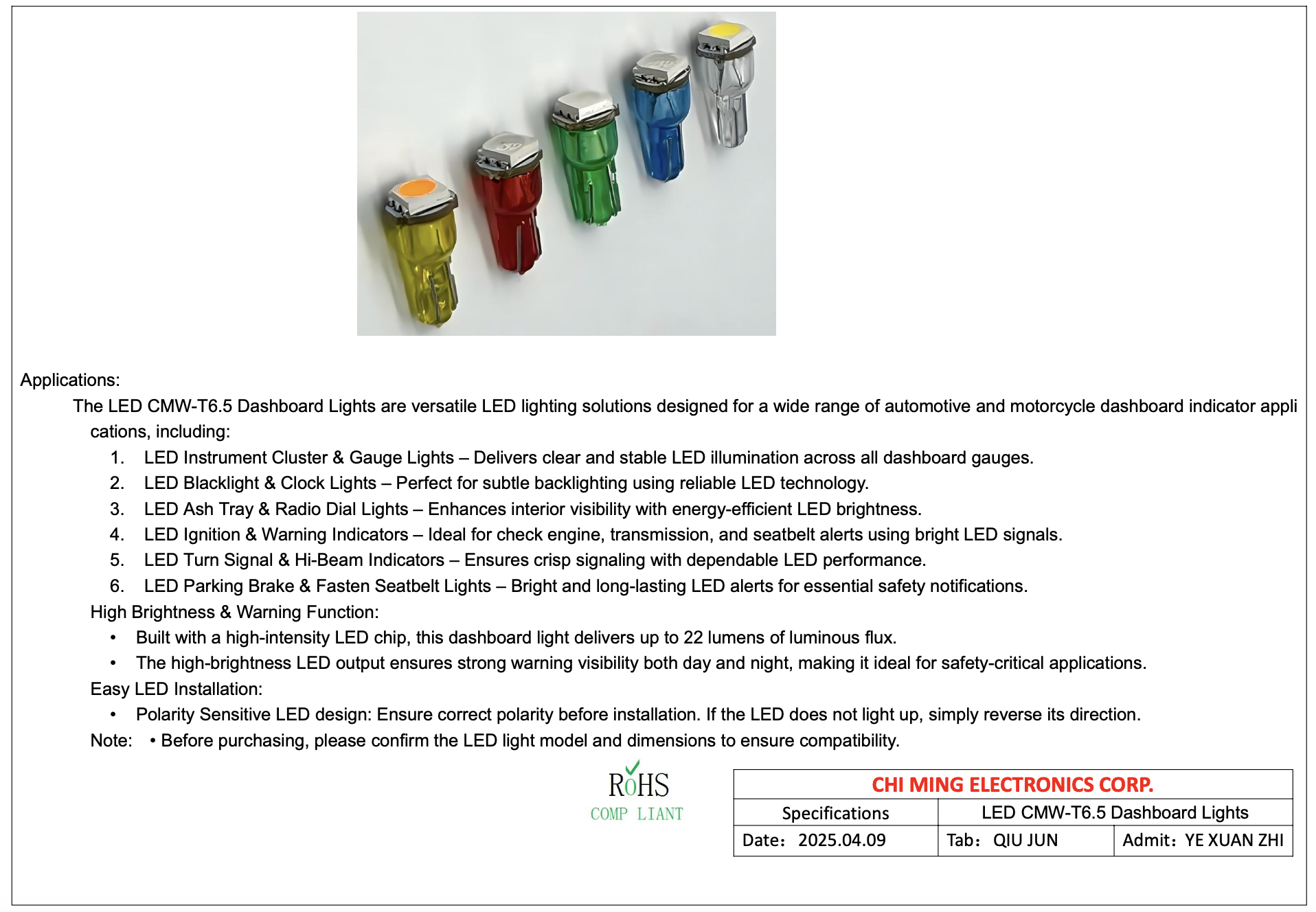 LED CMW1668-T6.5 Dashboard Lights