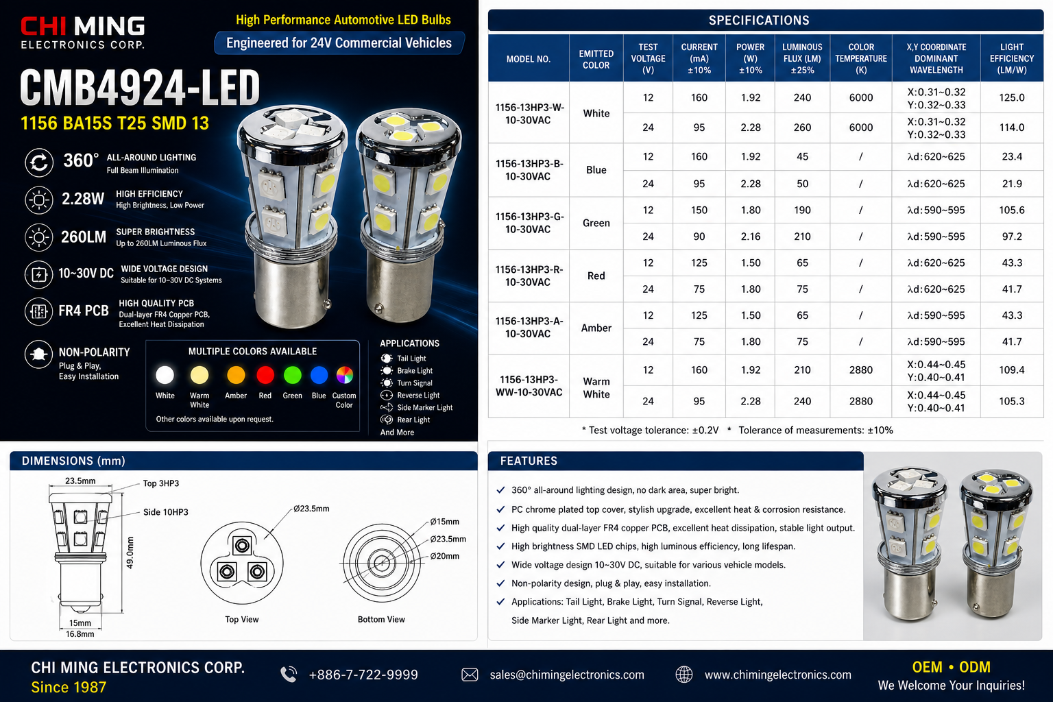 CMB4924-LED 1156 BA15S T25 SMD 13