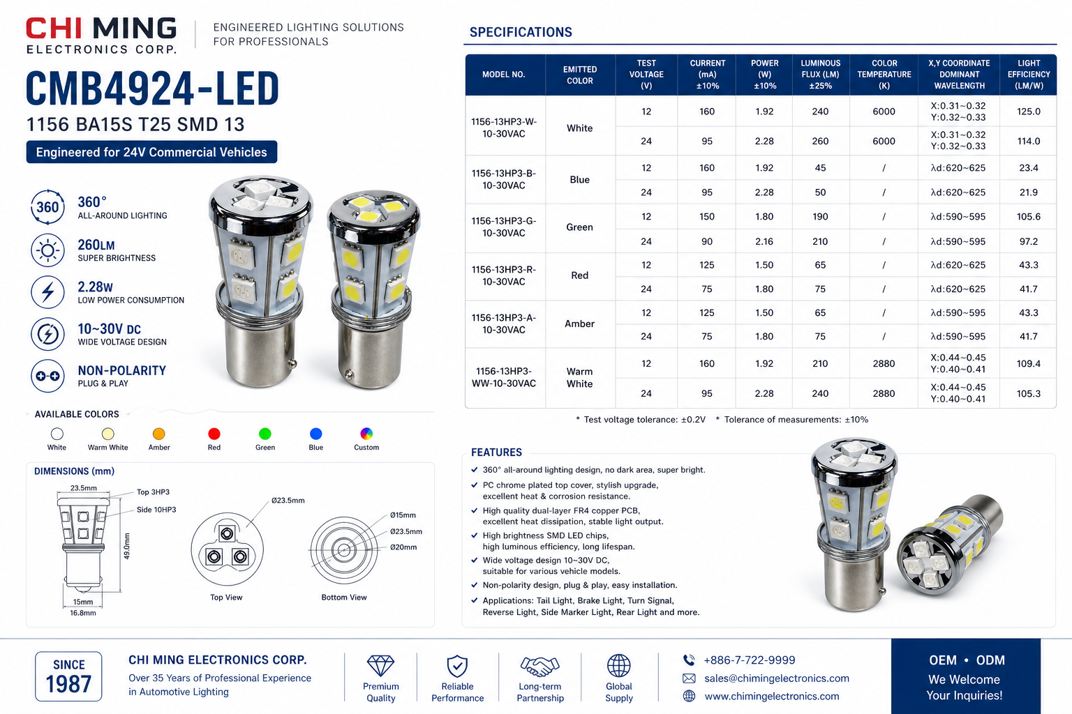 CMB4924-LED 1156 BA15S T25 SMD 13