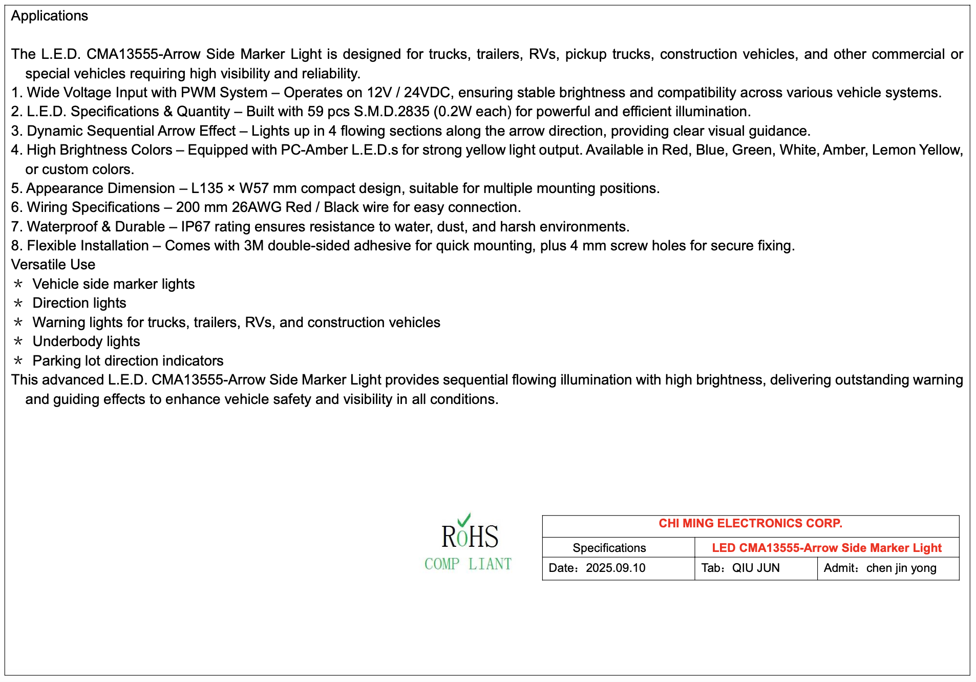LED CMA13555-Arrow Side Marker Lights