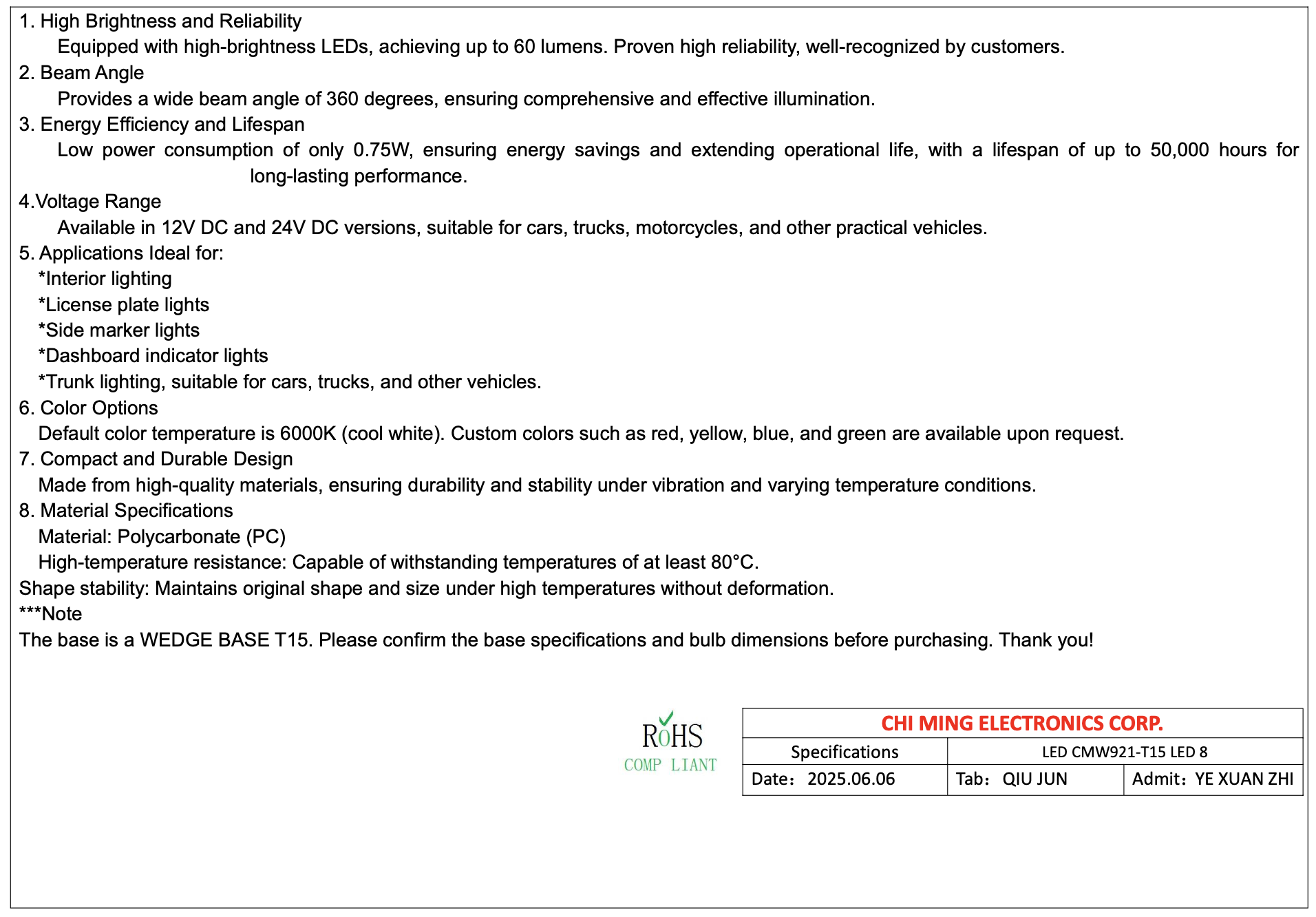 CMW921-Wedge T15 LED 8
