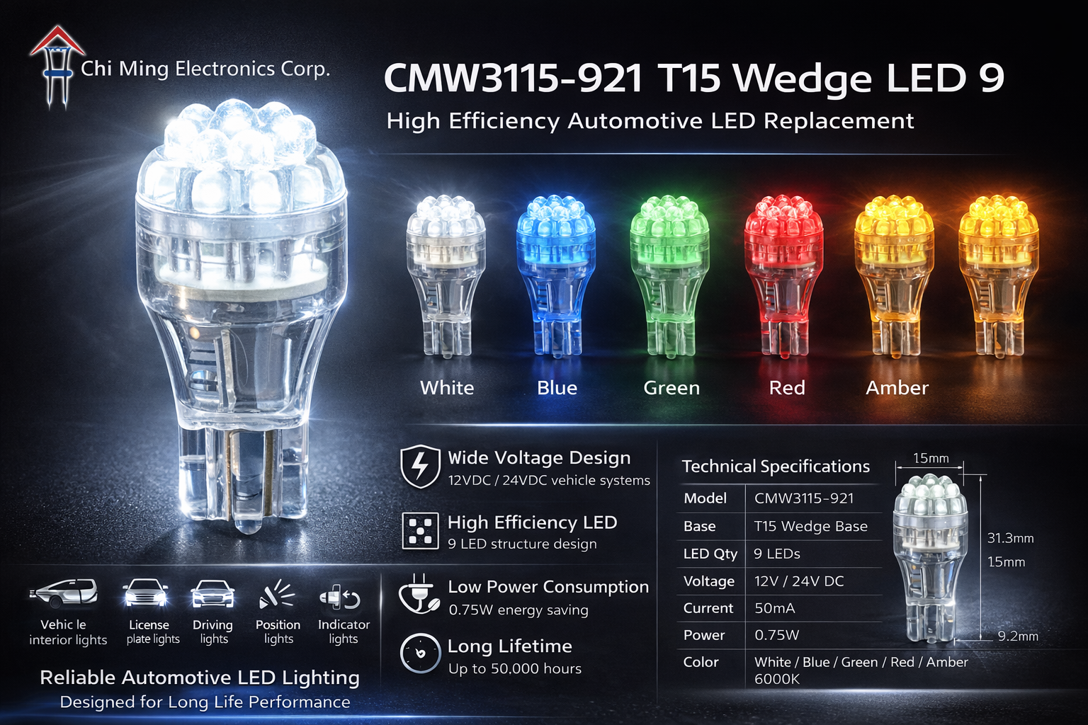 CMW3115-921 T15 Wedge LED 9 CMW3115-921 T15 Wedge LED 9
