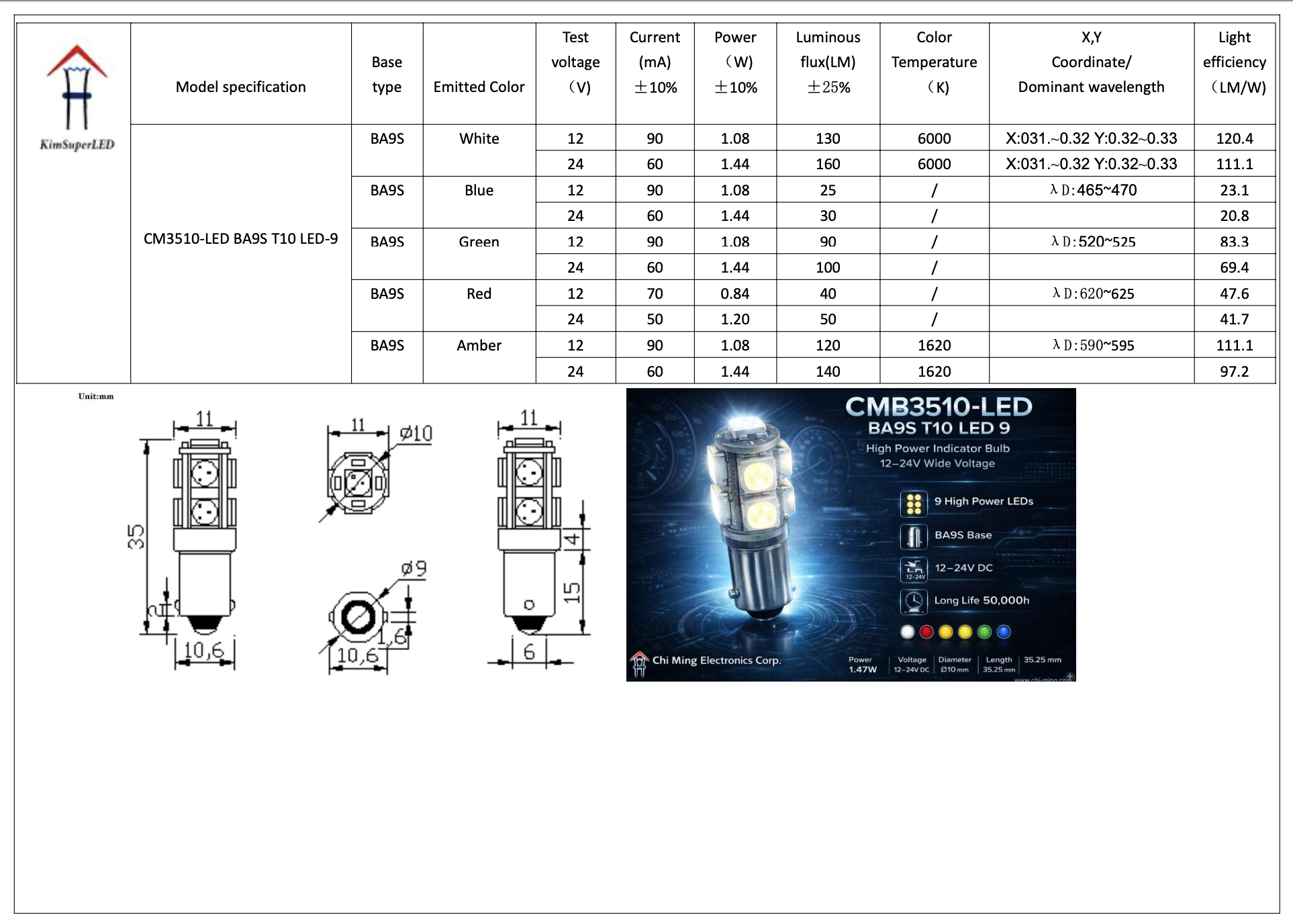 CMB3511-LED BA9S T10 LED 9