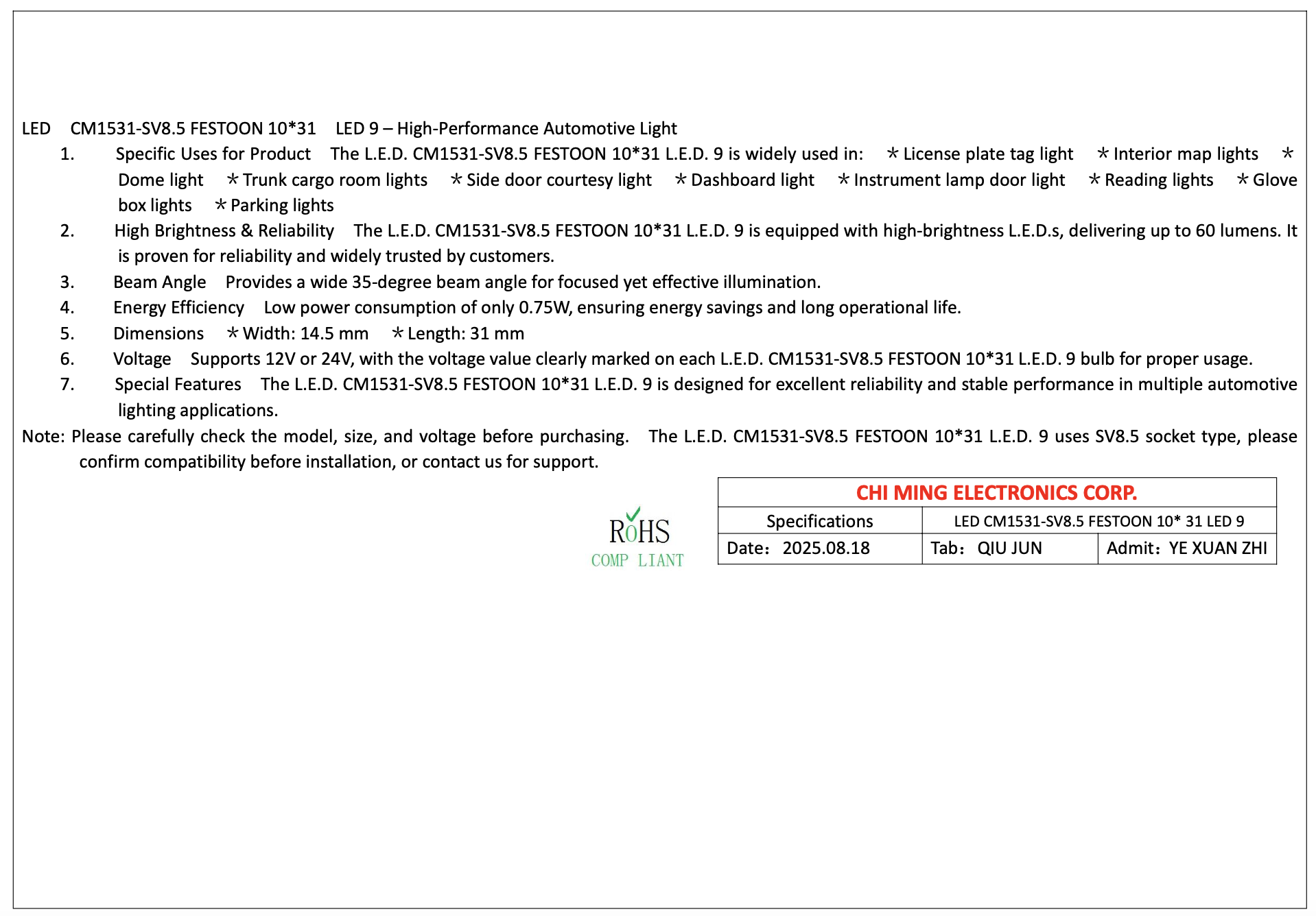 CM1531-SV8.5 FESTOON LED 9