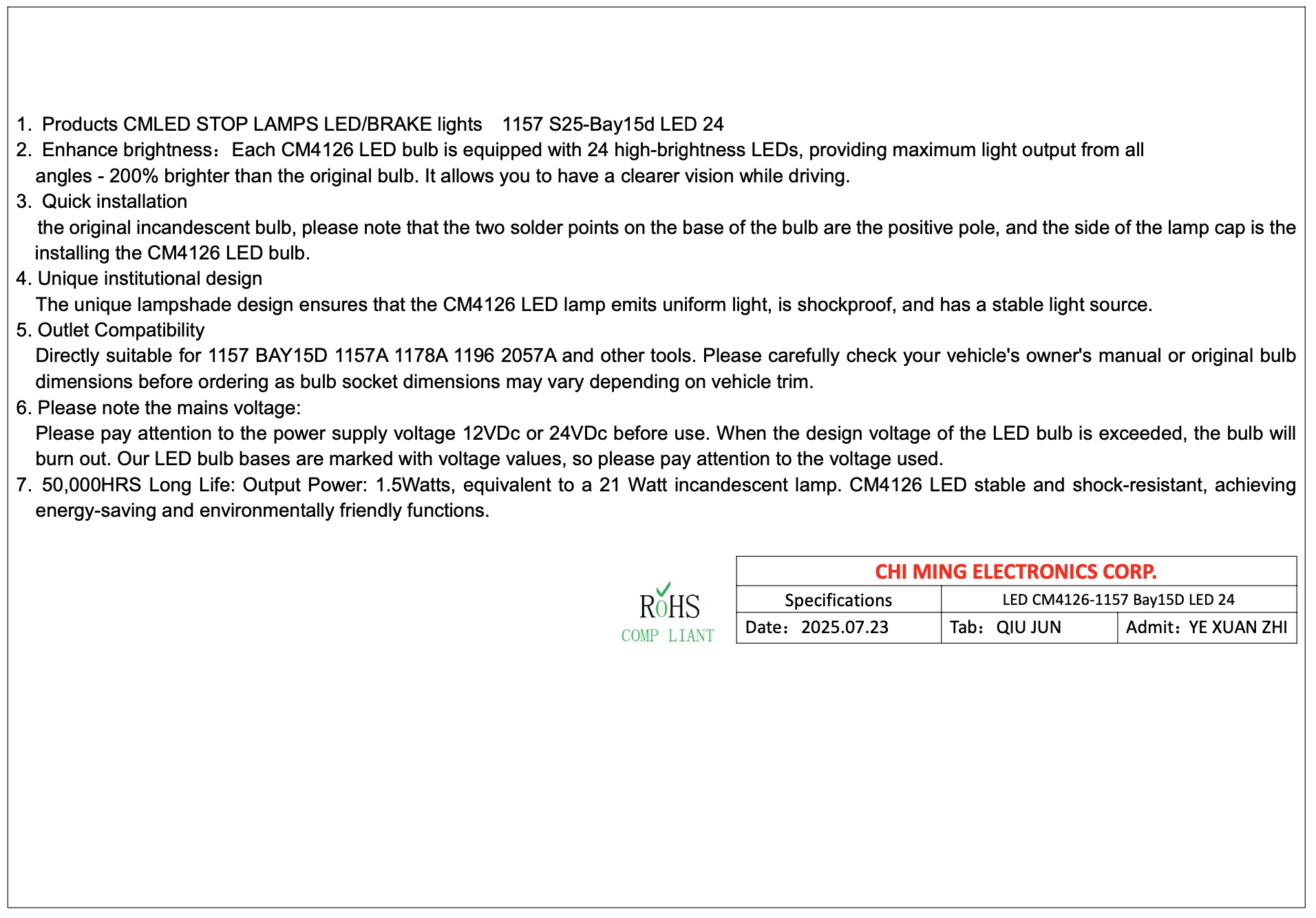 LED CM4126-1157 Bay15D LED 24