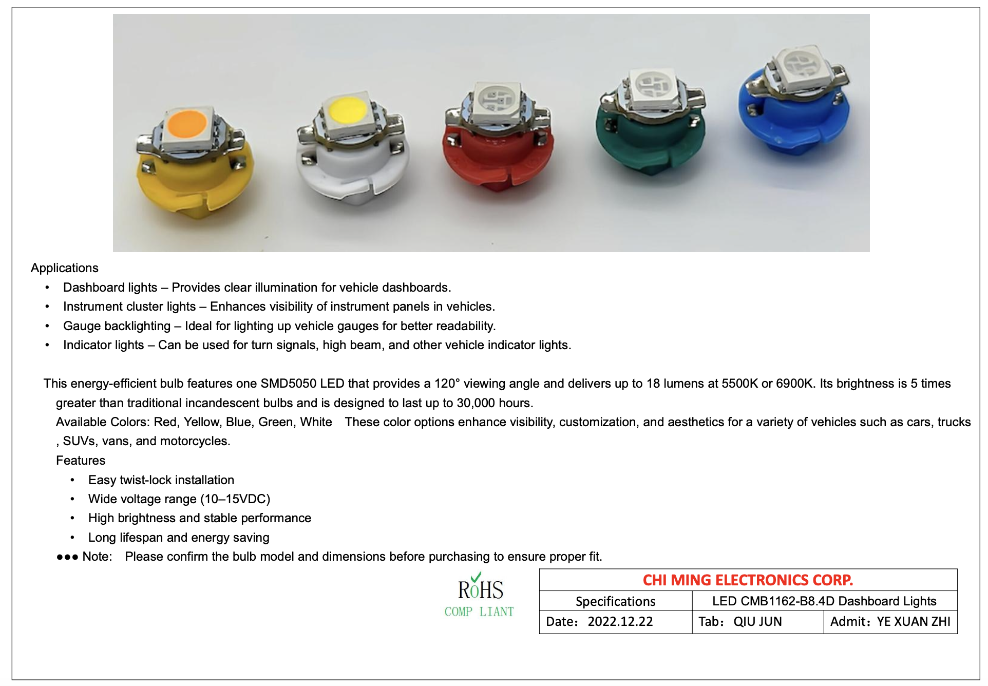 CMB1162-LED B8.4D Dashboard Lights CMB1162-LED B8.4D Dashboard Lights