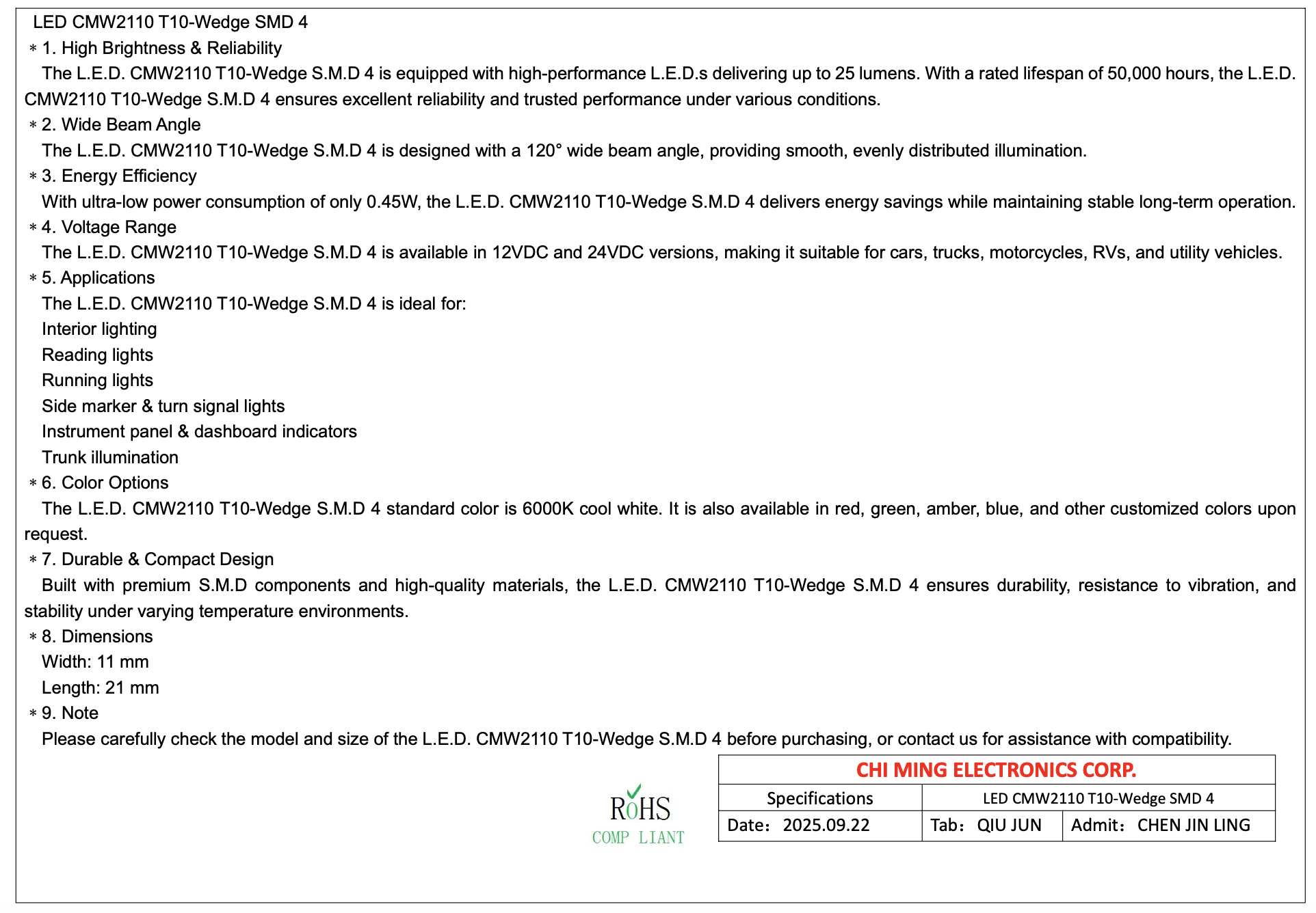 CMW2110-LED T10 Wedge SMD 4