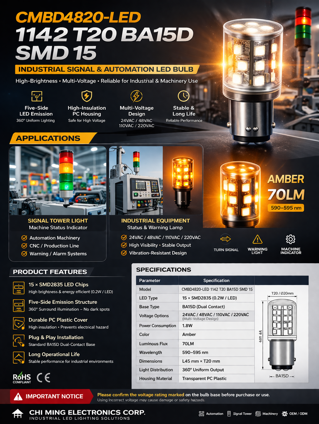 CMBD4820-LED 1142 T20 BA15D SMD 15