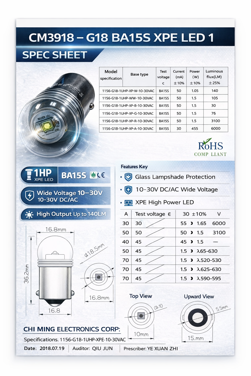 CM3918-G18 BA15S XPE LED 1