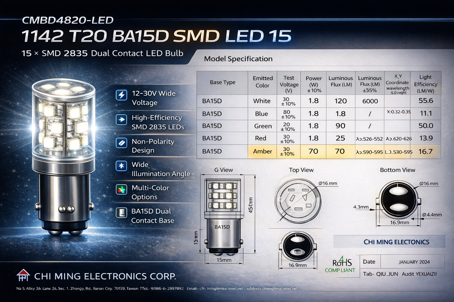 CMBD4820-LED 1142 T20 BA15D SMD 15