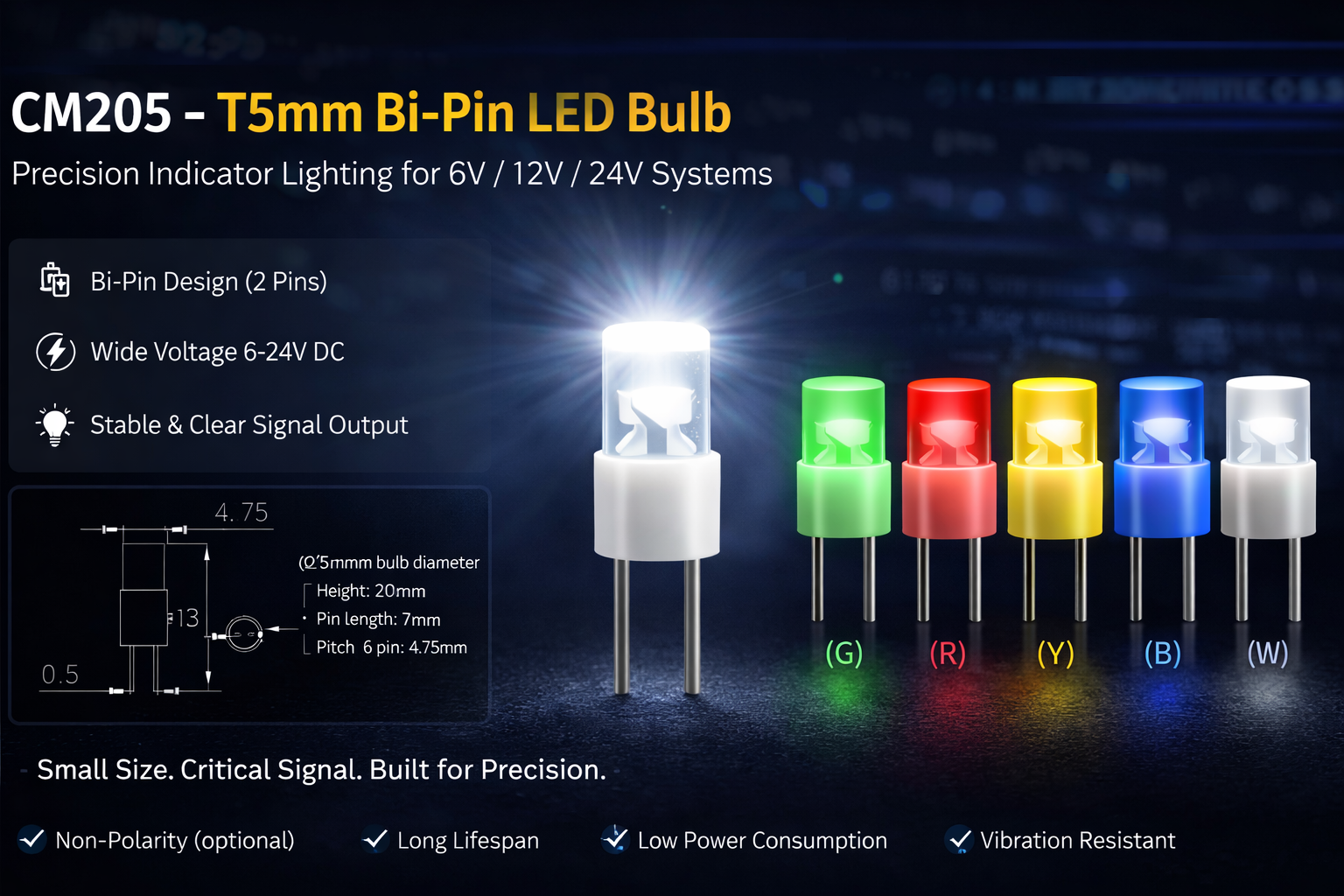 CM205-T5mm Bi-Pin LED Bulbs